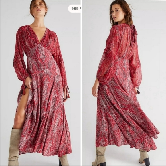 Free People Dresses & Skirts - NWT Free People Red Mirage Paisley Empire Waist Flowy Boho Maxi Dress 4